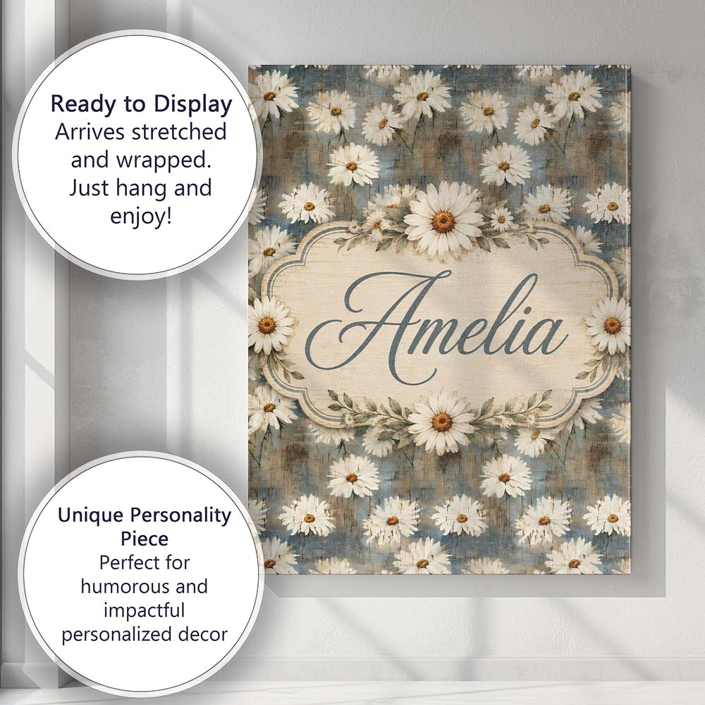 Personalised Name Soft Painterly Daisy Custom Modern Room Accent Elegant Feature Canvas Wall Art Print Decor Picture Ready to Hang