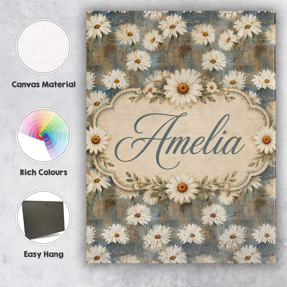 Personalised Name Soft Painterly Daisy Custom Modern Room Accent Elegant Feature Canvas Wall Art Print Decor Picture Ready to Hang