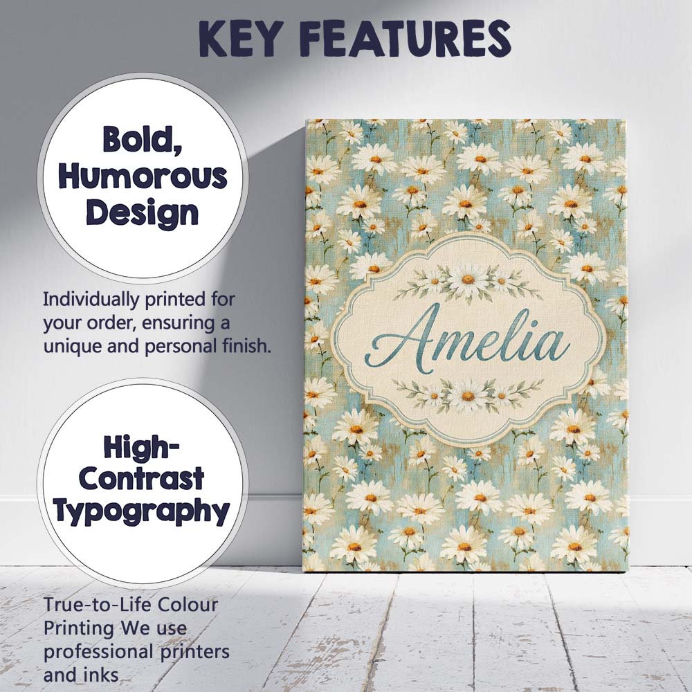Personalised Name Delicate Wild Daisy Custom Modern Room Accent Creative Decorator Style Canvas Wall Art Print Decor Picture Ready to Hang