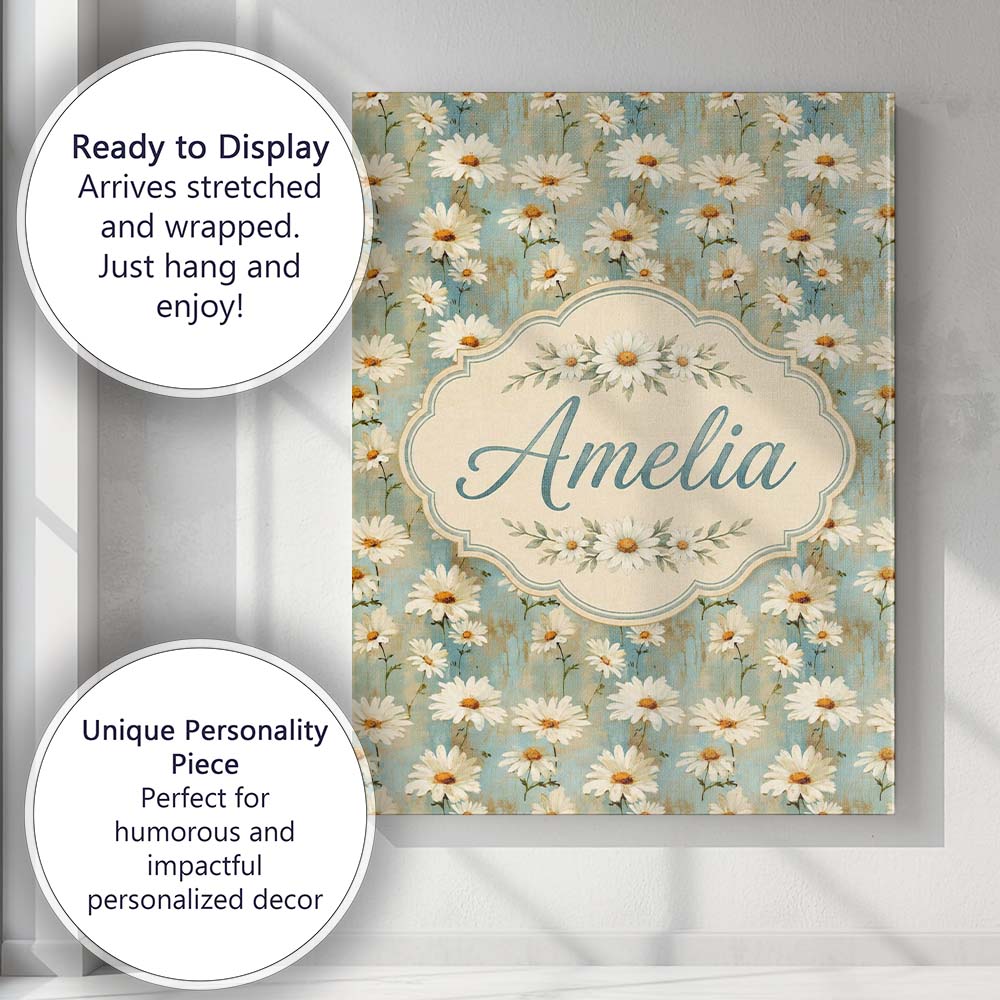 Personalised Name Delicate Wild Daisy Custom Modern Room Accent Creative Decorator Style Canvas Wall Art Print Decor Picture Ready to Hang