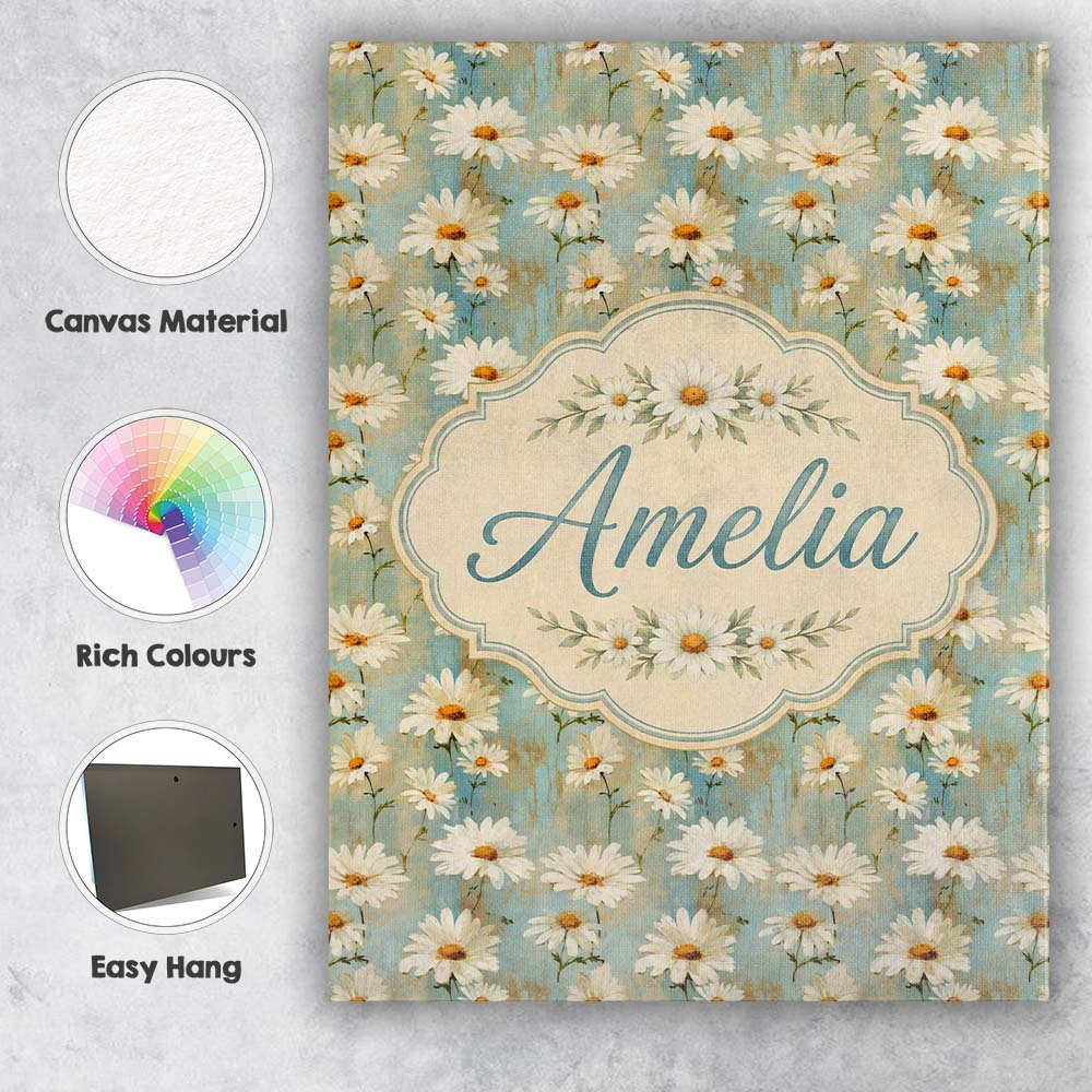 Personalised Name Delicate Wild Daisy Custom Modern Room Accent Creative Decorator Style Canvas Wall Art Print Decor Picture Ready to Hang