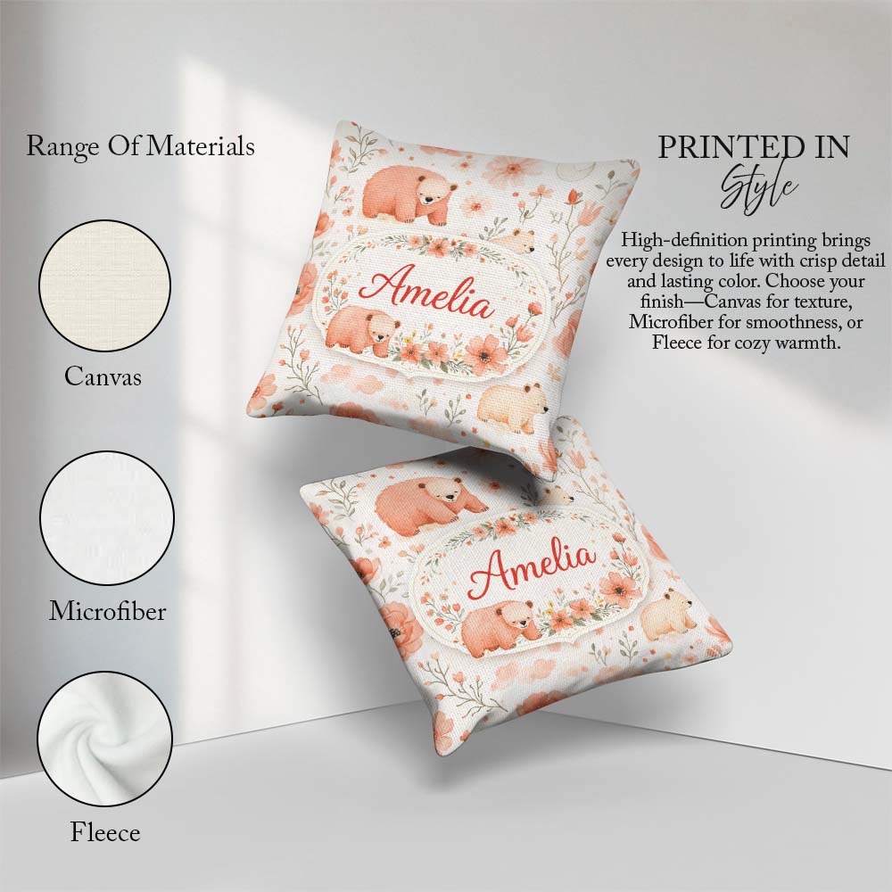 Custom Name Cute Bear Floral Woodland Nursery Pattern Seamless Square Filled Cushion Throw Pillow Sofa Bed Home Decor Zip Washable UK Made