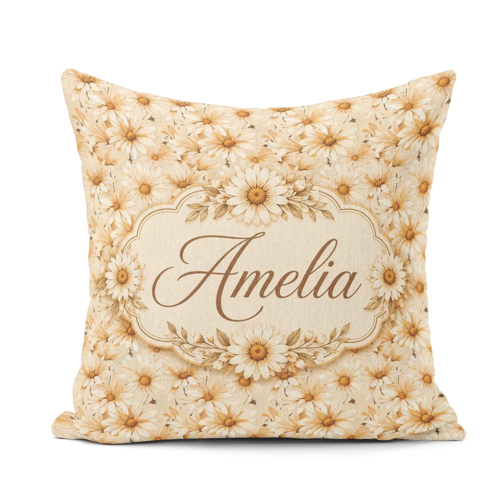 Custom Name Warm Beige Daisy Floral with Subtle Botanical Lovely Square Filled Cushion Throw Pillow Sofa Bed Home Decor Zip Washable UK Made
