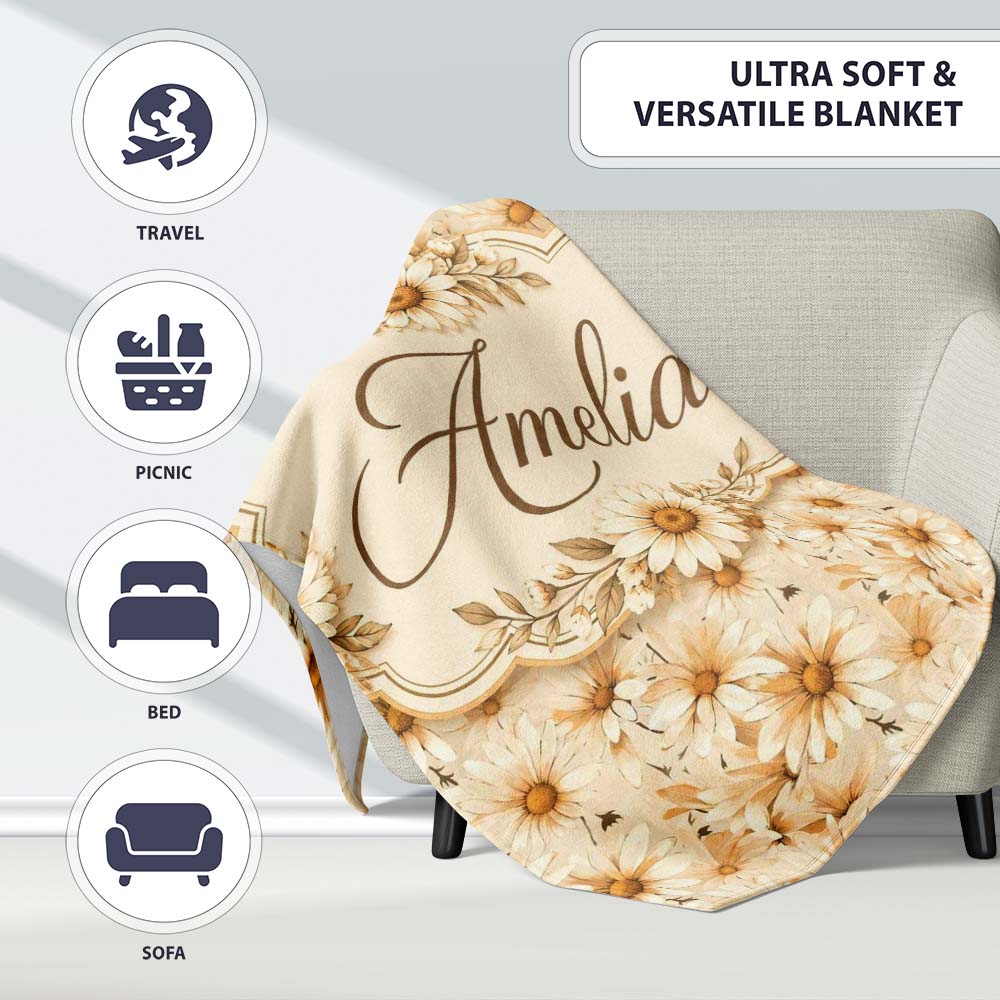 Warm Beige Daisy Floral with Subtle Botanical Accents Lovely Personalised Custom Name Super Soft Fleece Blanket Bed Sofa Throw