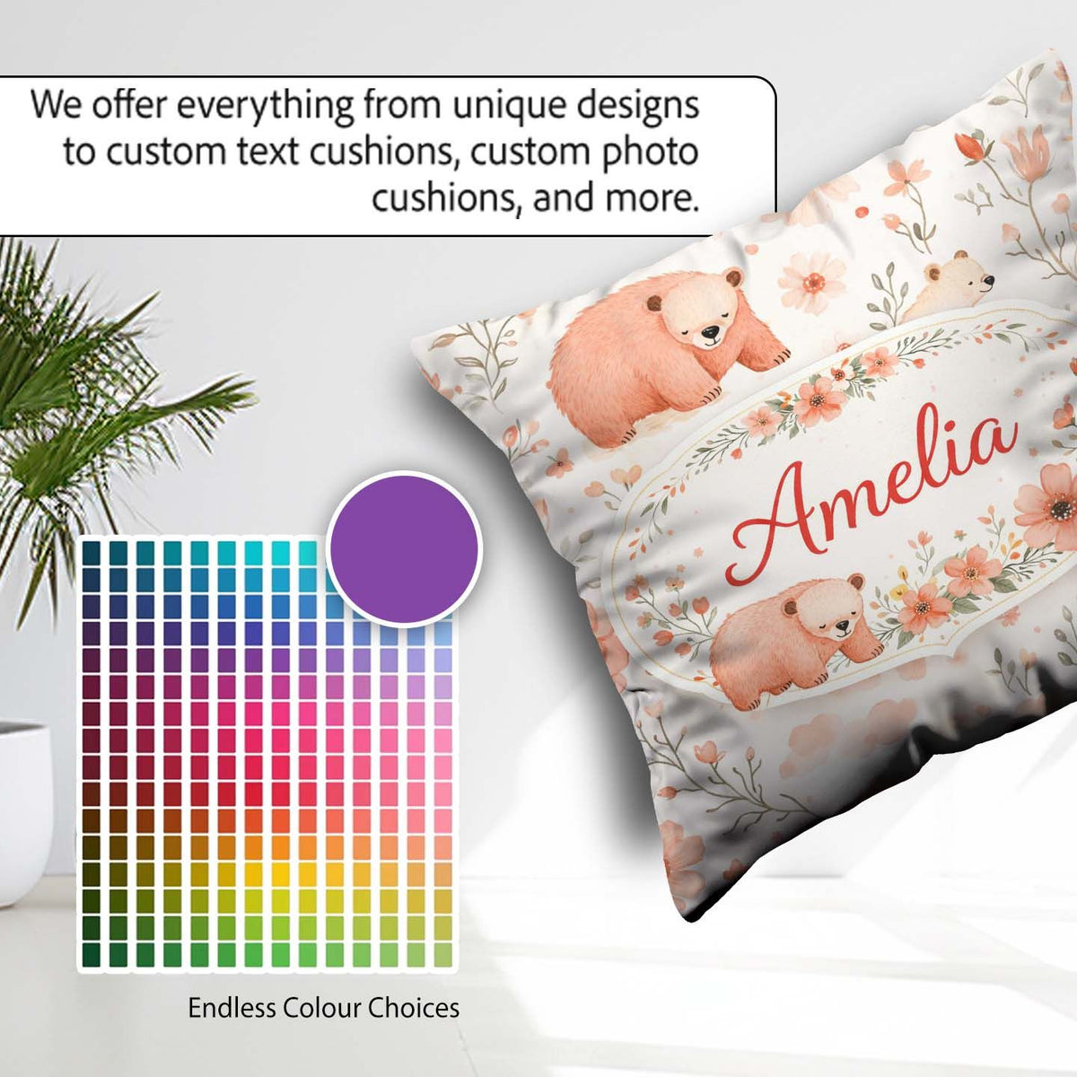 Custom Name Cute Bear Floral Woodland Nursery Pattern Seamless Square Filled Cushion Throw Pillow Sofa Bed Home Decor Zip Washable UK Made