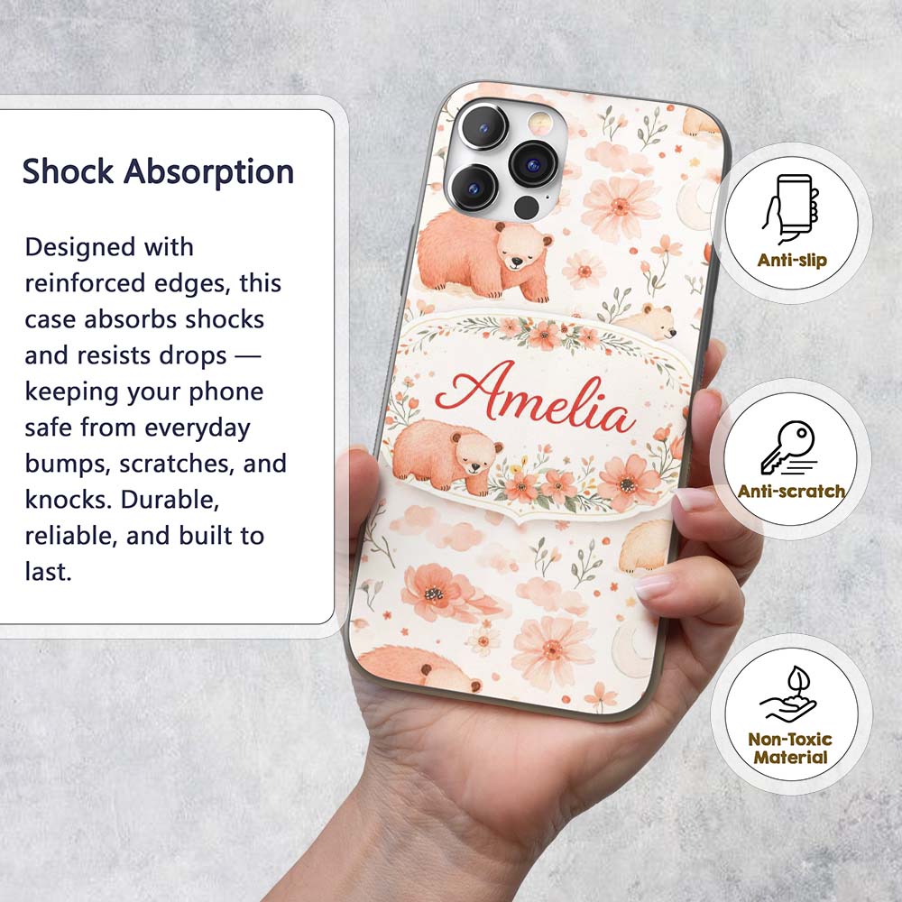 Cute Bear Floral Woodland Nursery Printed Design Custom Name Protective Phone Case Mobile Cover Durable Everyday Smartphone Shock Resistant