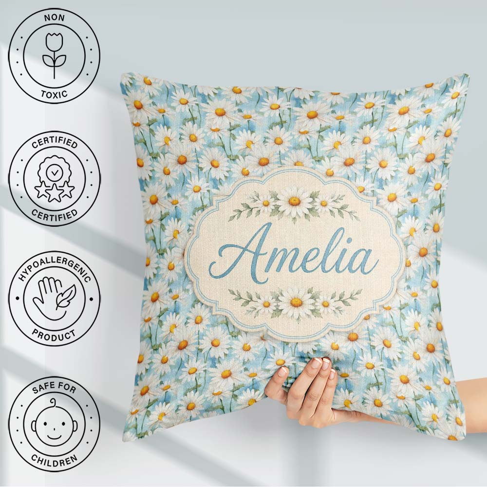 Custom Name Elegant Cream Daisy Florals on Light Wash Background Square Filled Cushion Throw Pillow Sofa Bed Home Decor Zip Washable UK Made
