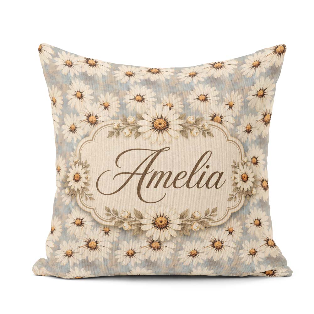 Custom Name Fresh White Daisy Meadow on Sky Blue Background Idea Square Filled Cushion Throw Pillow Sofa Bed Home Decor Zip Washable UK Made