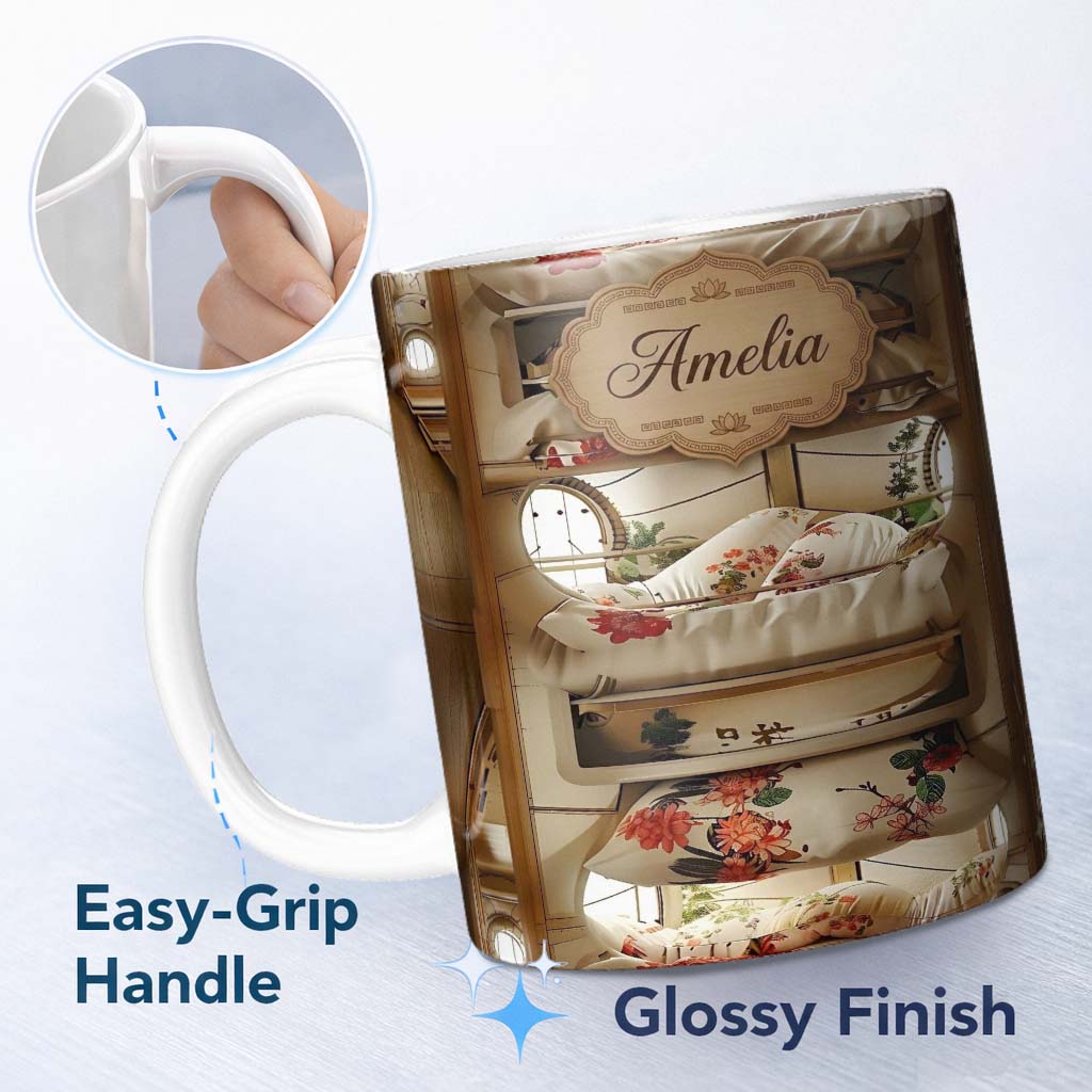Personalized Custom Name Luxury Capsule Bed Pods with Floral Bedding and Soft Lighting Design 11oz Ceramic Coffee Tea Mug White Large Handle