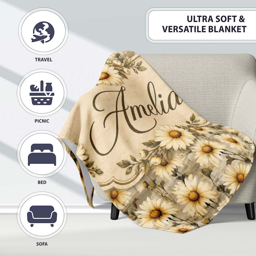 Classic Daisy Clusters on Soft Distressed Blue Backdrop Lovely Personalised Custom Name Super Soft Fleece Blanket Bed Sofa Throw