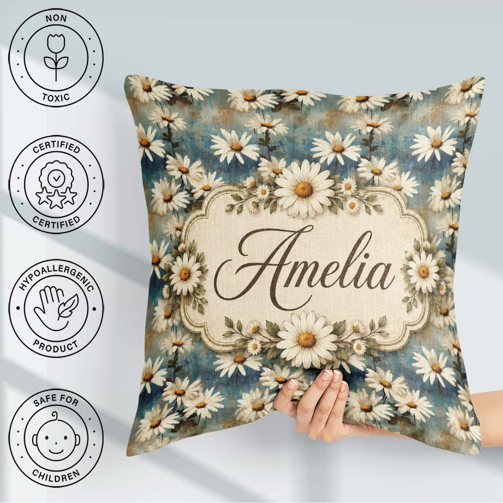 Custom Name Minimal Daisy Floral Pale Blue Aged Texture Everyday Square Filled Cushion Throw Pillow Sofa Bed Home Decor Zip Washable UK Made