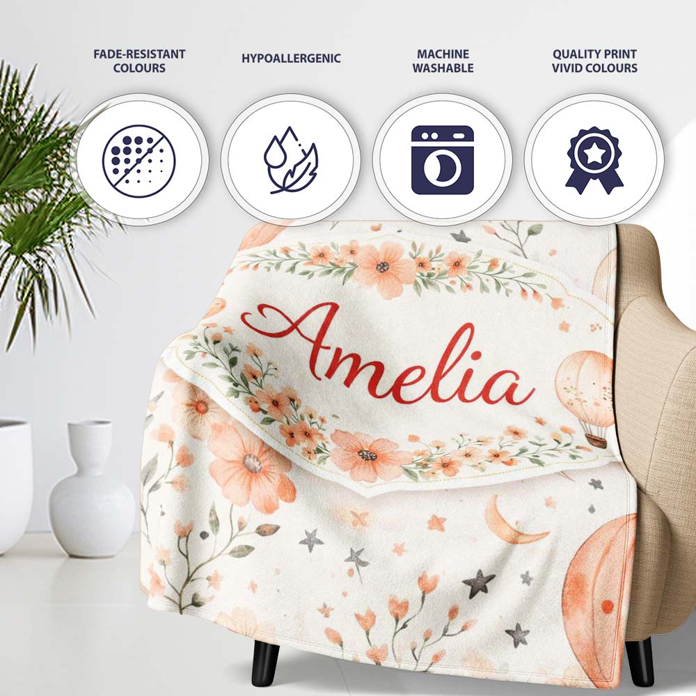Soft Coral Floral Hot Air Balloon Sky Pattern Seamless Watercolour Personalised Custom Name Super Soft Fleece Blanket Bed Sofa Throw