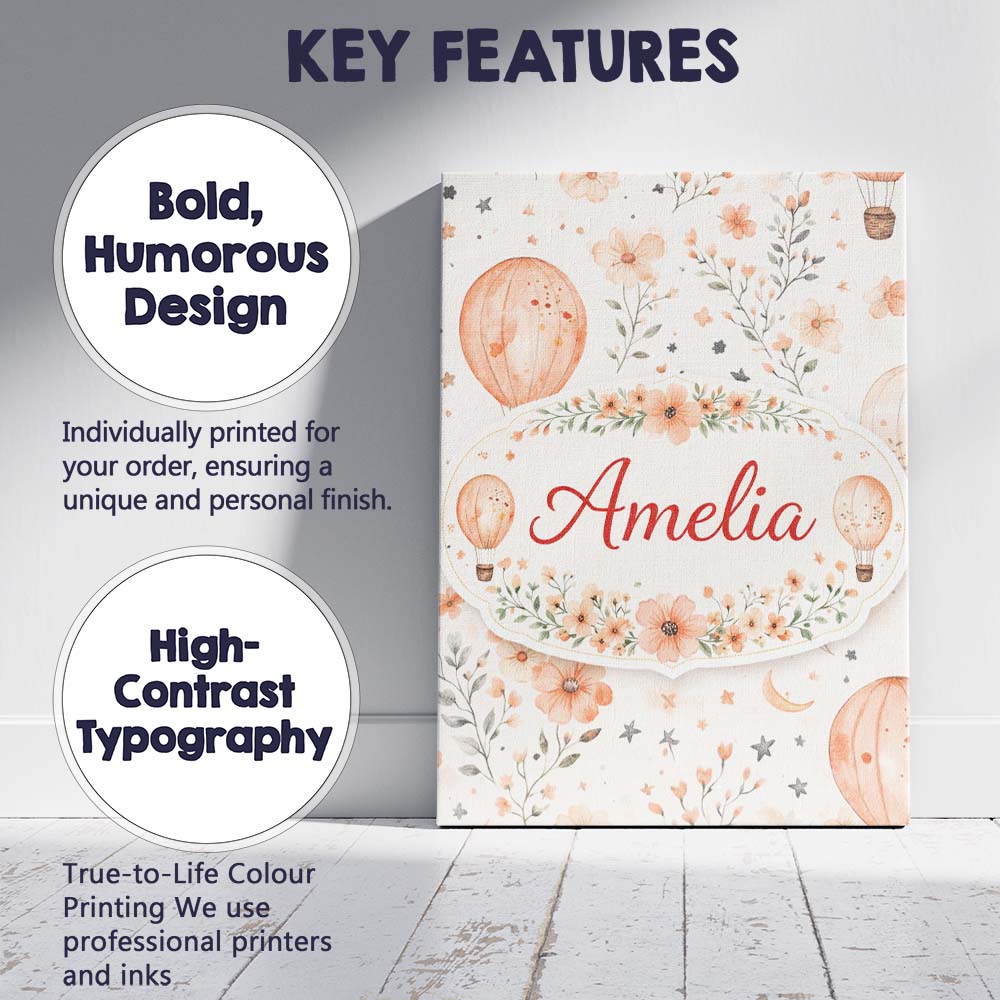 Personalised Name Soft Coral Floral Hot Air Balloon Sky Pattern Custom Statement Canvas Wall Art Print Decor Picture Ready to Hang