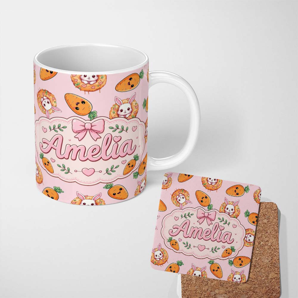 Personalized Custom Name Cute Easter Bunny Carrot Donut Hearts Seamless Pattern Blush Pink 11oz Ceramic Coffee Tea Mug White Large Handle