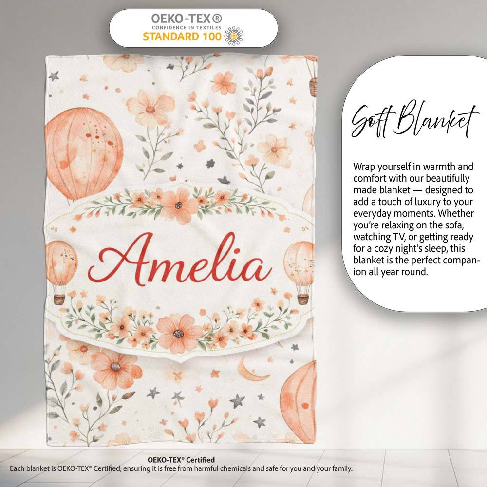 Soft Coral Floral Hot Air Balloon Sky Pattern Seamless Watercolour Personalised Custom Name Super Soft Fleece Blanket Bed Sofa Throw