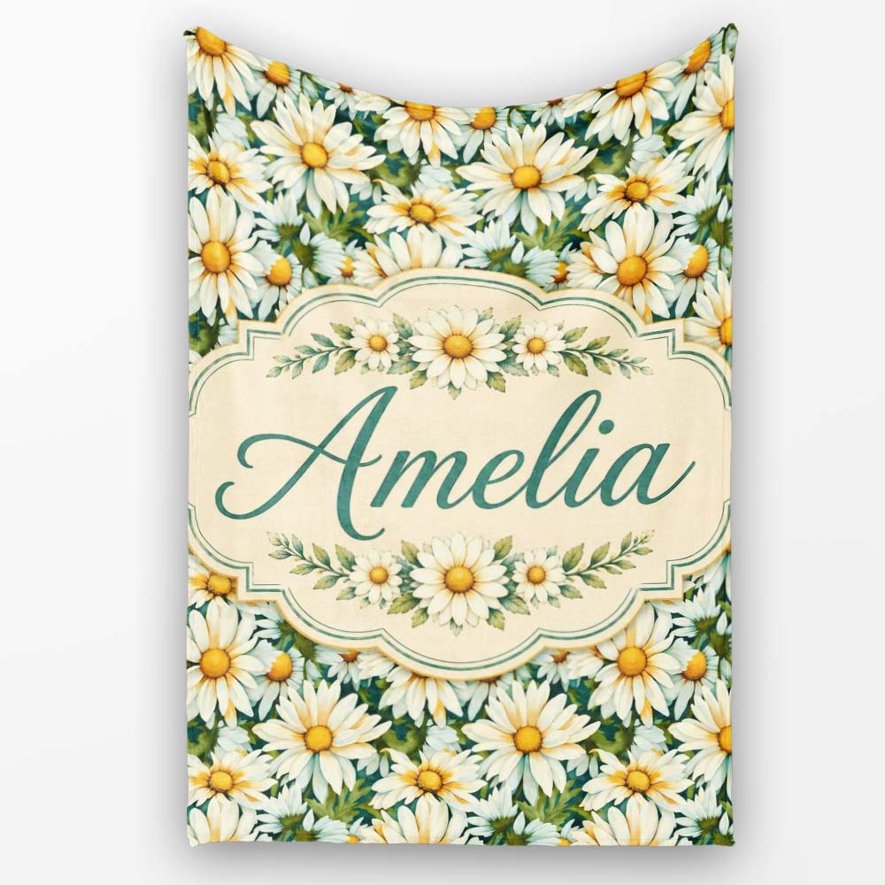 Soft Floral Daisy Trail on Muted Aqua Vintage Texture Lovely Personalised Custom Name Super Soft Fleece Blanket Bed Sofa Throw