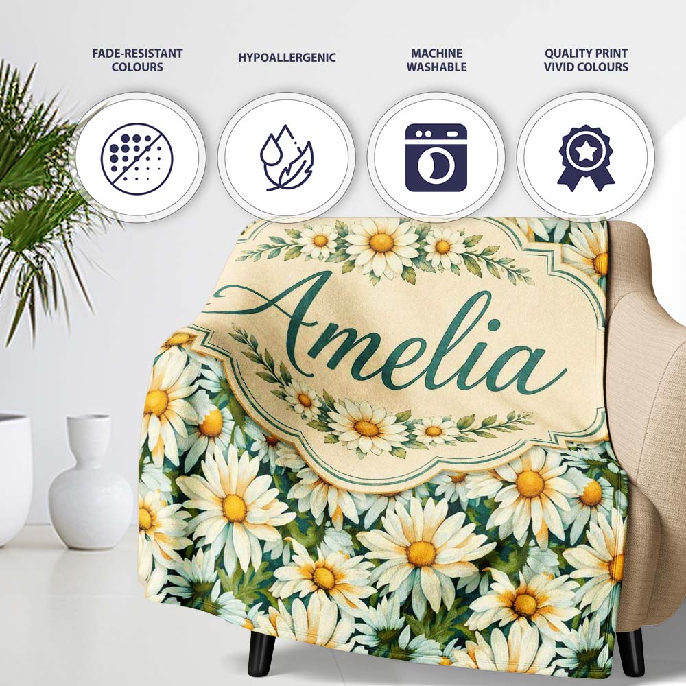 Soft Floral Daisy Trail on Muted Aqua Vintage Texture Lovely Personalised Custom Name Super Soft Fleece Blanket Bed Sofa Throw