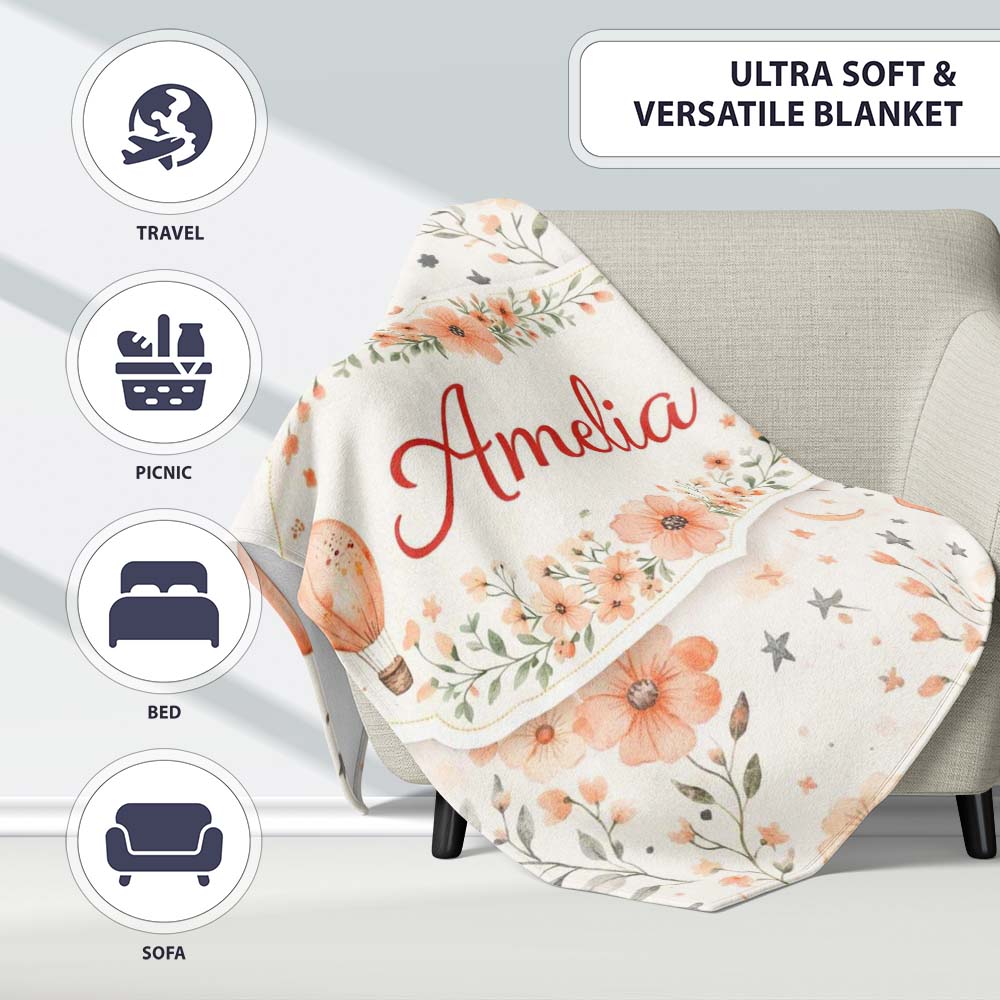 Soft Coral Floral Hot Air Balloon Sky Pattern Seamless Watercolour Personalised Custom Name Super Soft Fleece Blanket Bed Sofa Throw