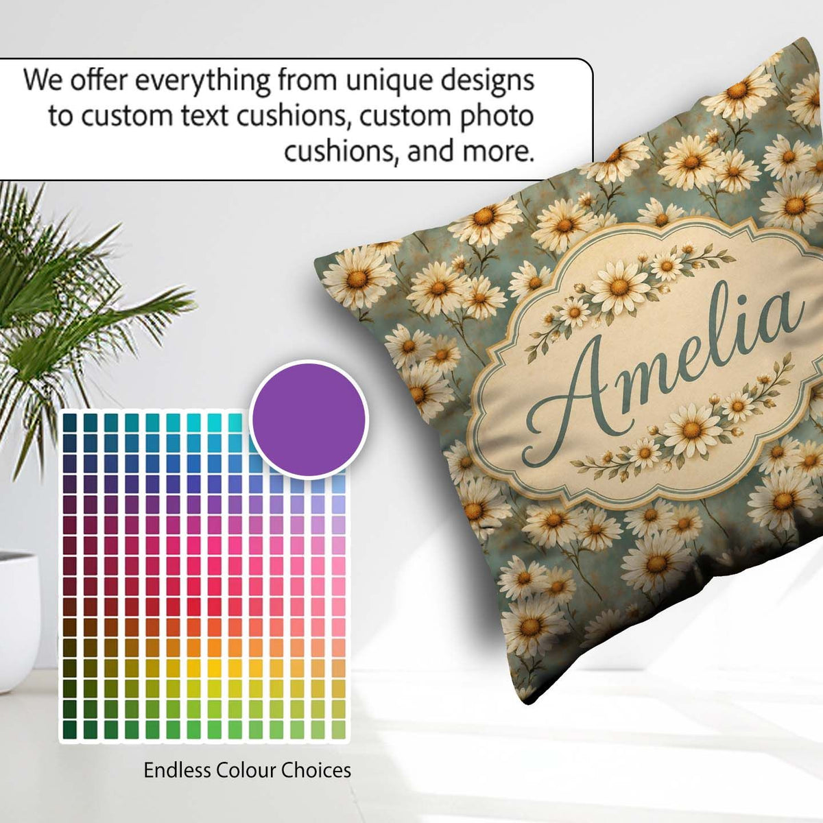 Custom Name Pastel Fern Leaves in Soft Botanical Pattern Lovely Square Filled Cushion Throw Pillow Sofa Bed Home Decor Zip Washable UK Made