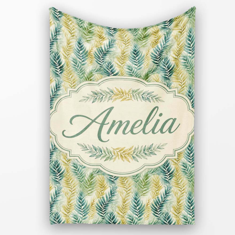 Tropical Palm Leaf Botanical Pattern in Green and Mustard Tones Personalised Custom Name Super Soft Fleece Blanket Bed Sofa Throw