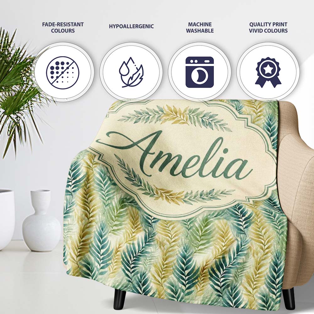 Tropical Palm Leaf Botanical Pattern in Green and Mustard Tones Personalised Custom Name Super Soft Fleece Blanket Bed Sofa Throw