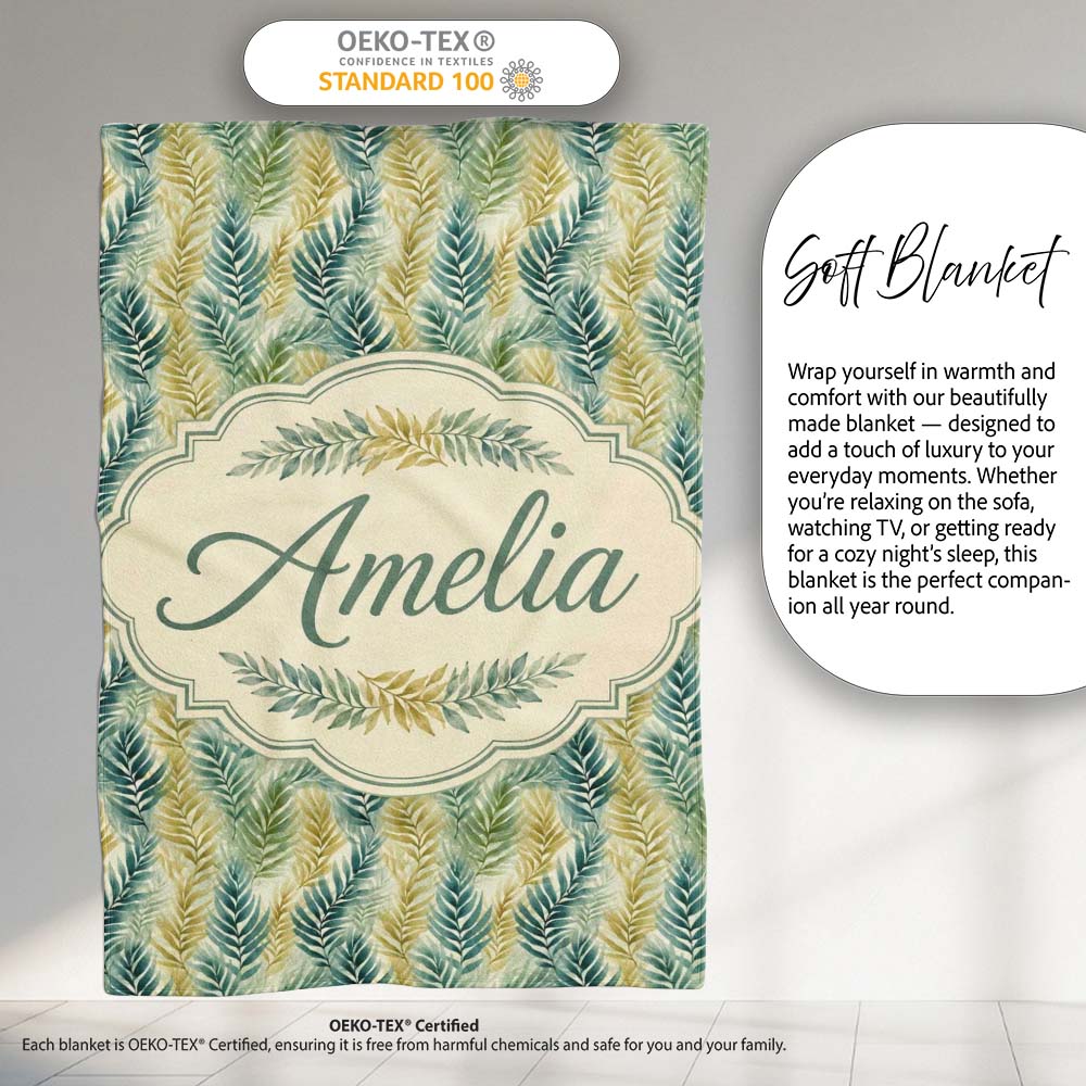 Tropical Palm Leaf Botanical Pattern in Green and Mustard Tones Personalised Custom Name Super Soft Fleece Blanket Bed Sofa Throw