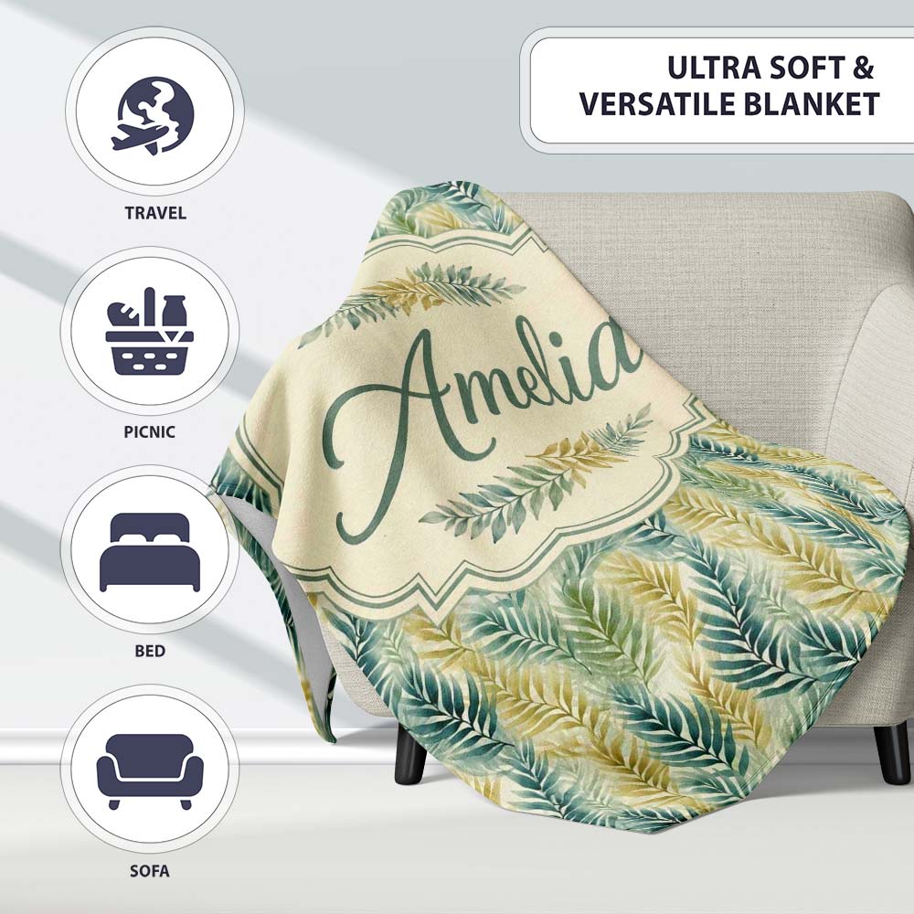 Tropical Palm Leaf Botanical Pattern in Green and Mustard Tones Personalised Custom Name Super Soft Fleece Blanket Bed Sofa Throw