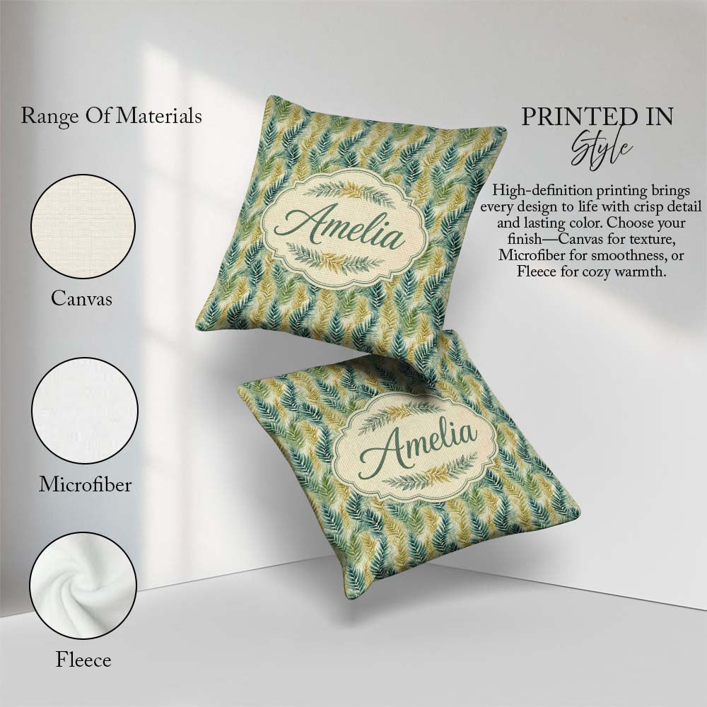 Custom Name Tropical Palm Botanical Pattern in Green and Mustard Square Filled Cushion Throw Pillow Sofa Bed Home Decor Zip Washable UK Made