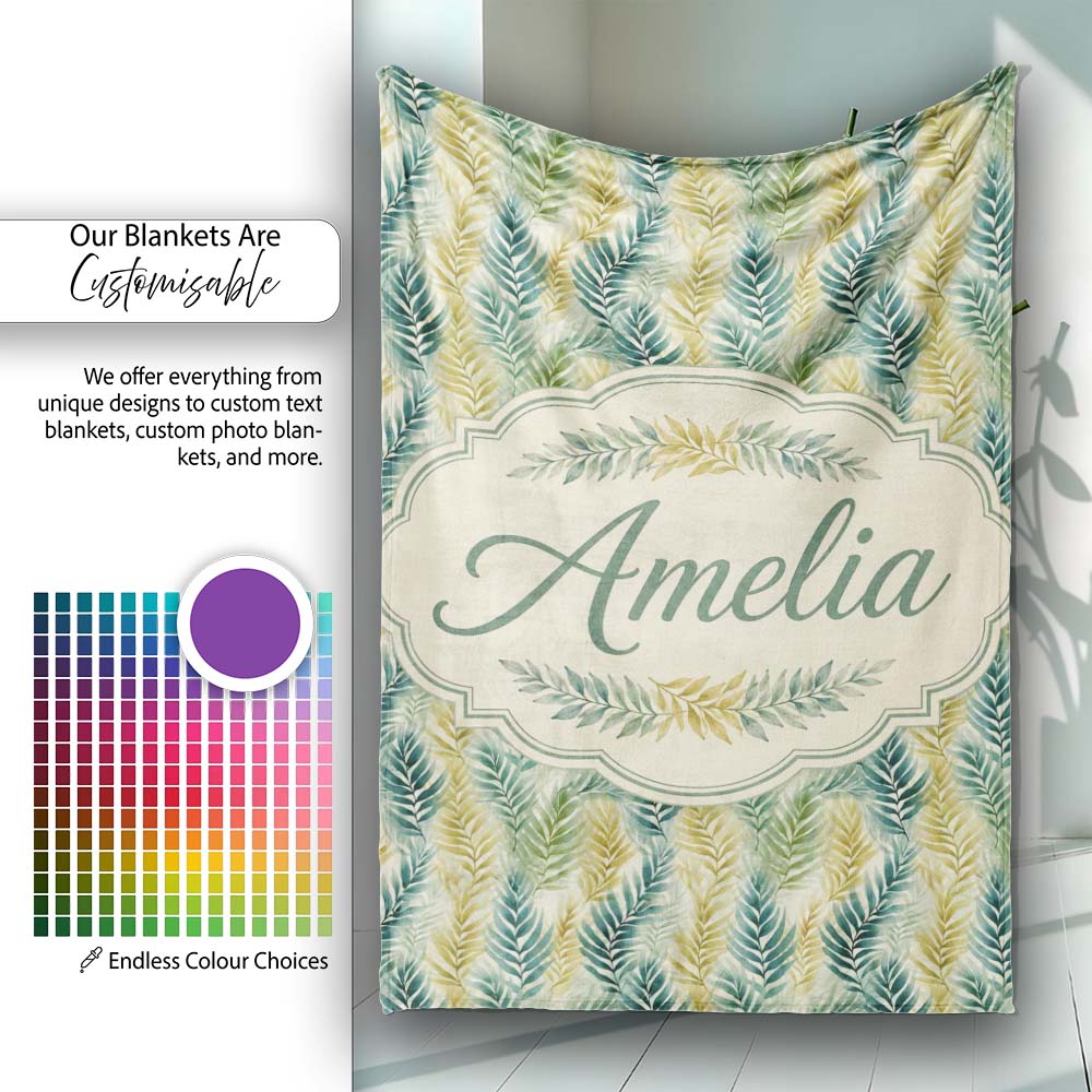 Tropical Palm Leaf Botanical Pattern in Green and Mustard Tones Personalised Custom Name Super Soft Fleece Blanket Bed Sofa Throw