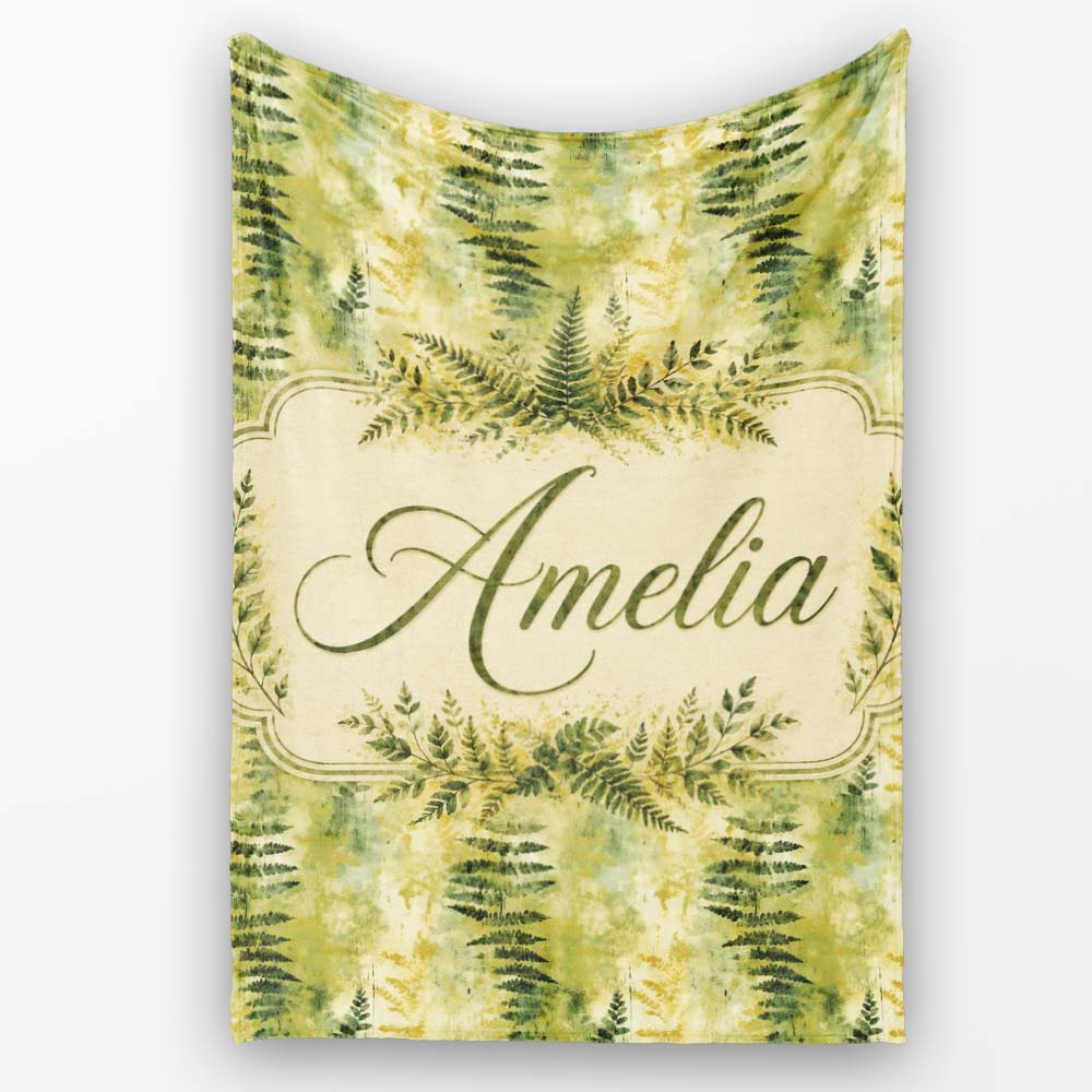 Earthy Fern Pattern on Warm Yellow Green Abstract Background Lovely Personalised Custom Name Super Soft Fleece Blanket Bed Sofa Throw