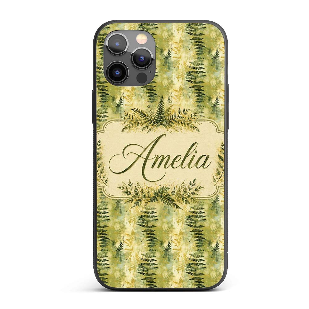 Earthy Fern Pattern on Warm Yellow Green Abstract Custom Name Protective Phone Case Mobile Cover Durable Everyday Smartphone Shock Resistant