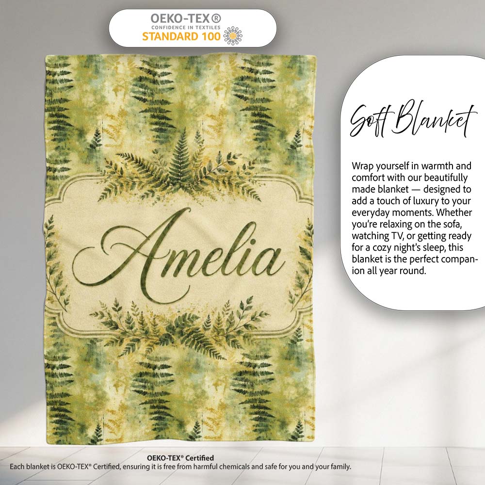 Earthy Fern Pattern on Warm Yellow Green Abstract Background Lovely Personalised Custom Name Super Soft Fleece Blanket Bed Sofa Throw