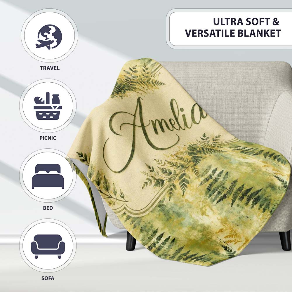 Earthy Fern Pattern on Warm Yellow Green Abstract Background Lovely Personalised Custom Name Super Soft Fleece Blanket Bed Sofa Throw