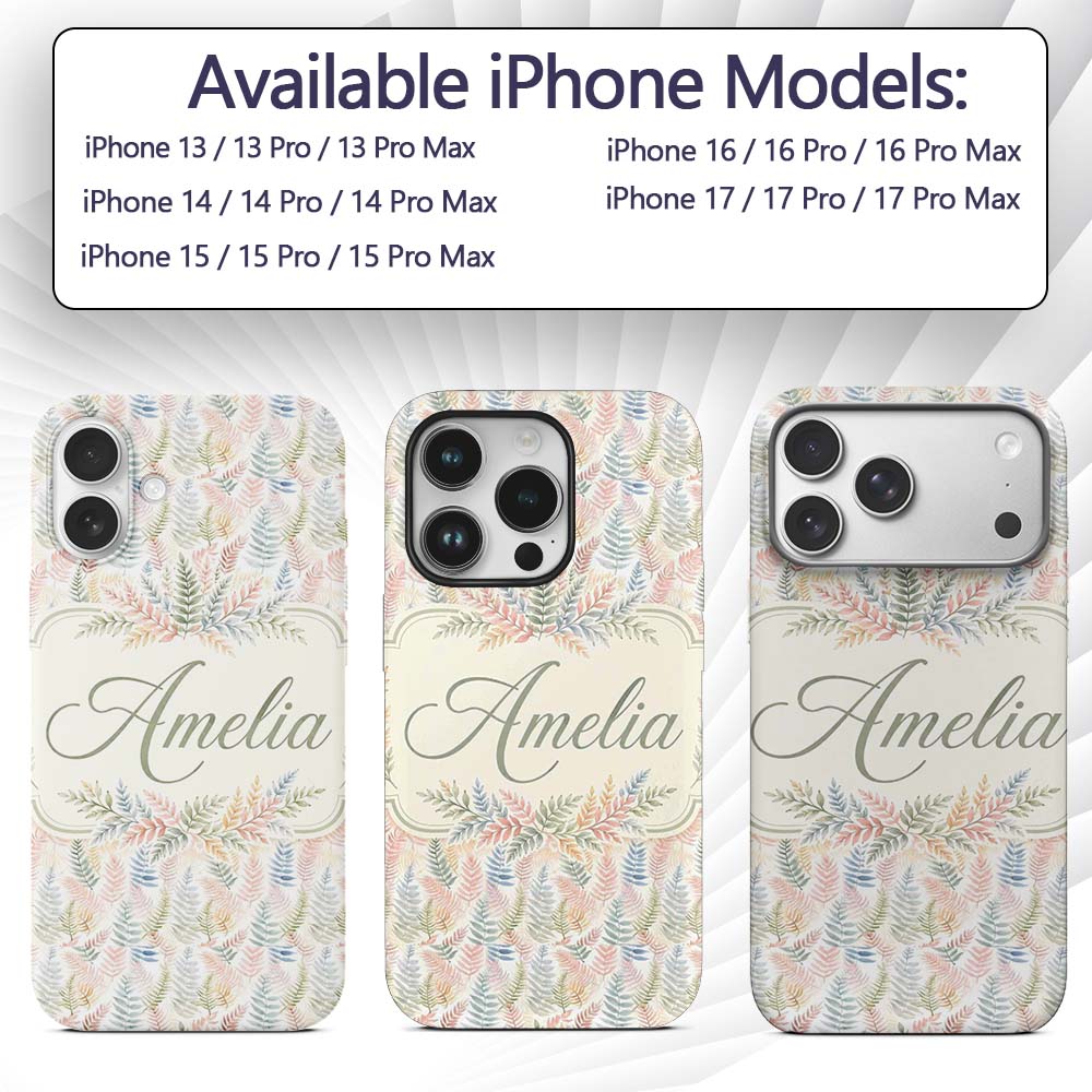Soft Pastel Fern Leaves on Light Printed Design Custom Name Protective Phone Case Mobile Cover Durable Everyday Smartphone Shock Resistant