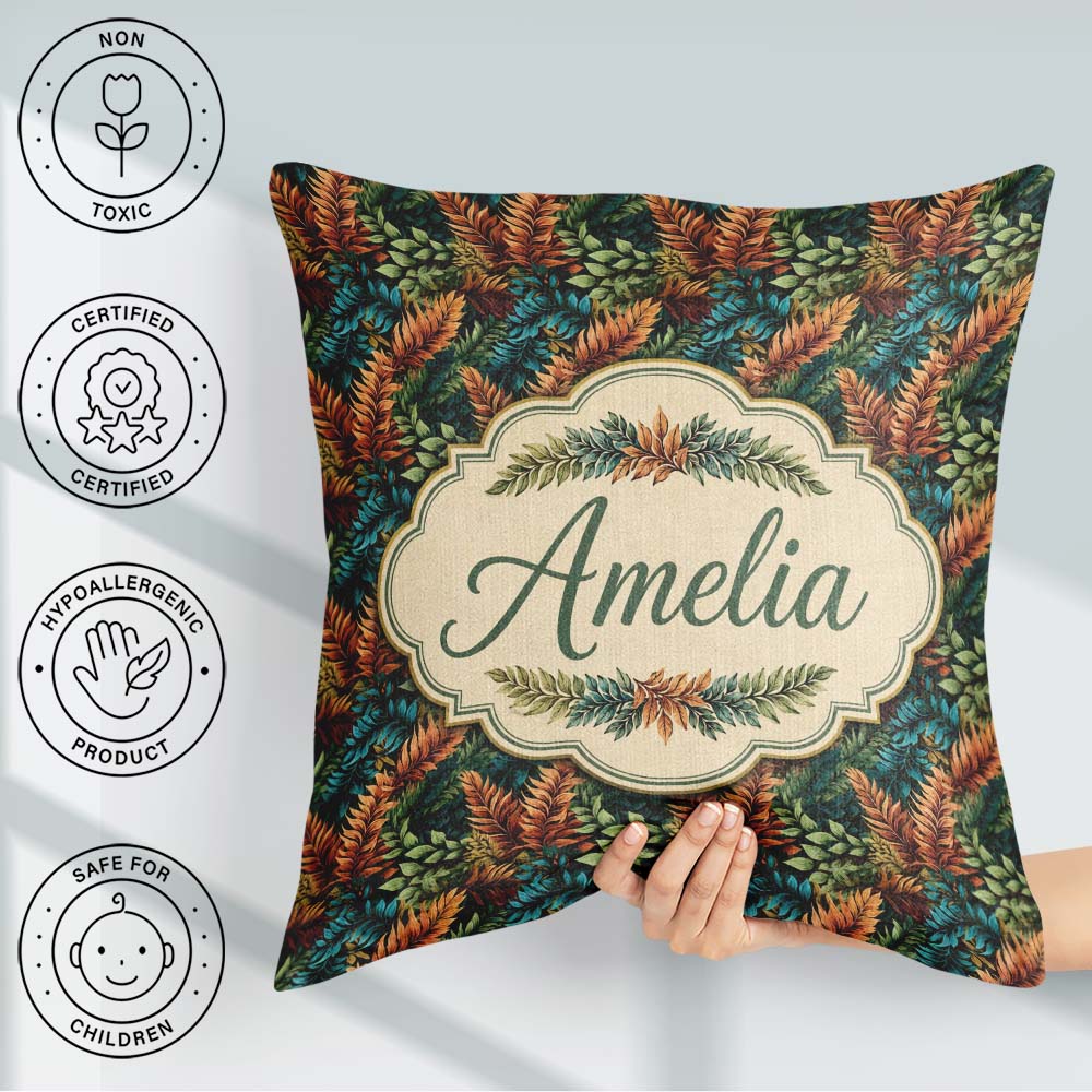 Custom Name Vibrant Tropical Leaf Pattern in Deep Green and Warm Square Filled Cushion Throw Pillow Sofa Bed Home Decor Zip Washable UK Made