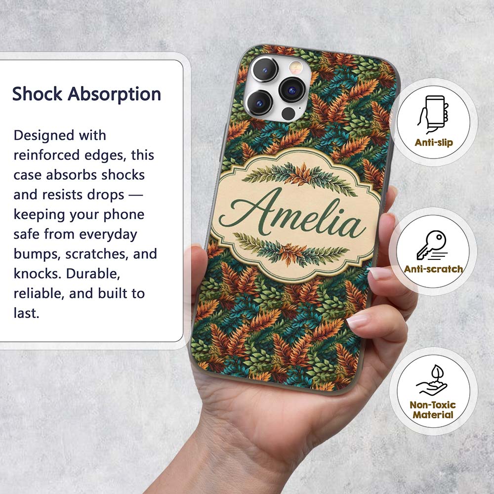 Vibrant Tropical Leaf Pattern in Deep Green and Custom Name Protective Phone Case Mobile Cover Durable Everyday Smartphone Shock Resistant