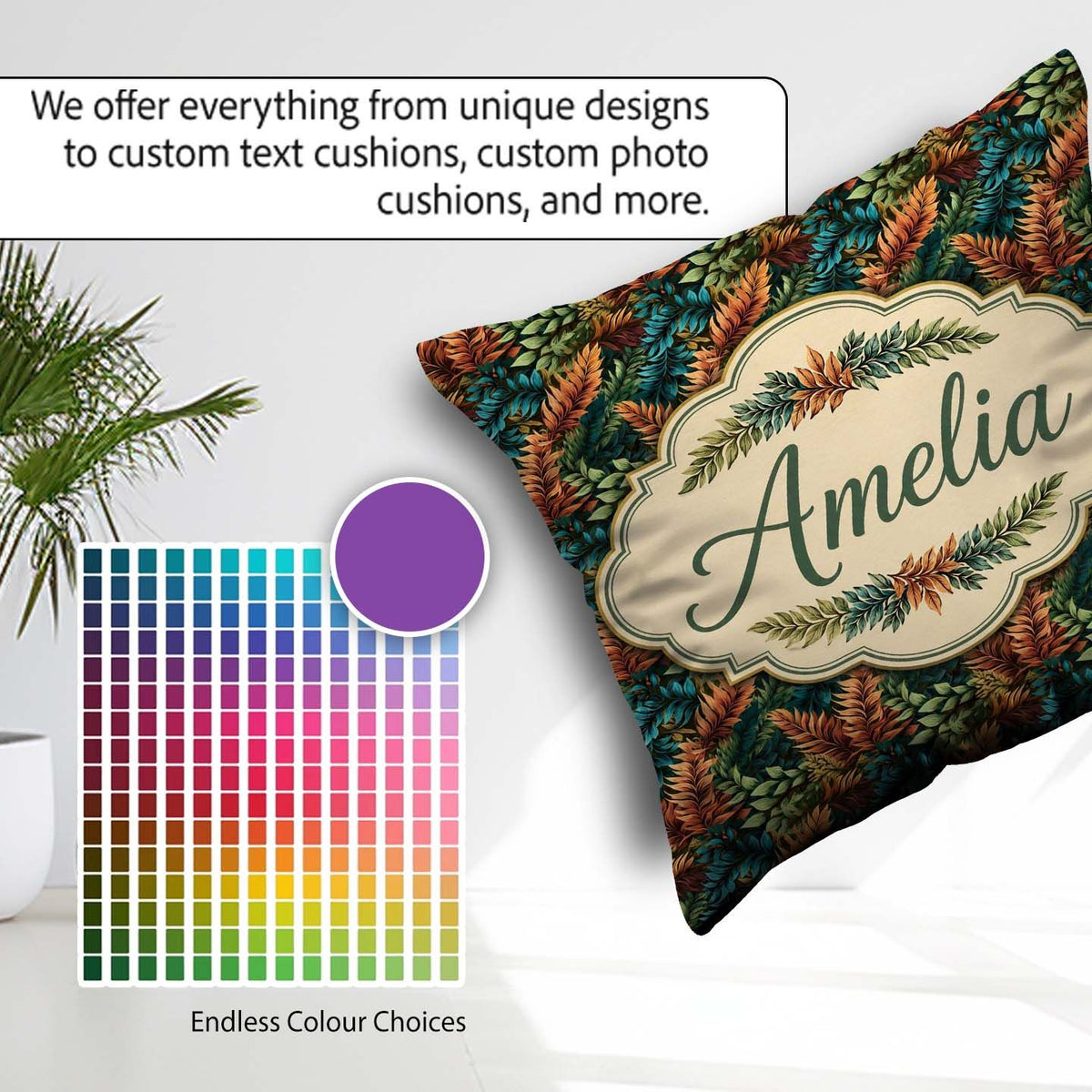 Custom Name Vibrant Tropical Leaf Pattern in Deep Green and Warm Square Filled Cushion Throw Pillow Sofa Bed Home Decor Zip Washable UK Made
