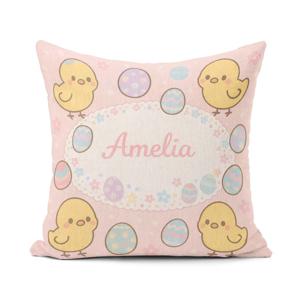 Custom Name Easter Chick Eggs Cartoon Animal Pattern Everyday Square Filled Cushion Throw Pillow Sofa Bed Home Decor Zip Washable UK Made