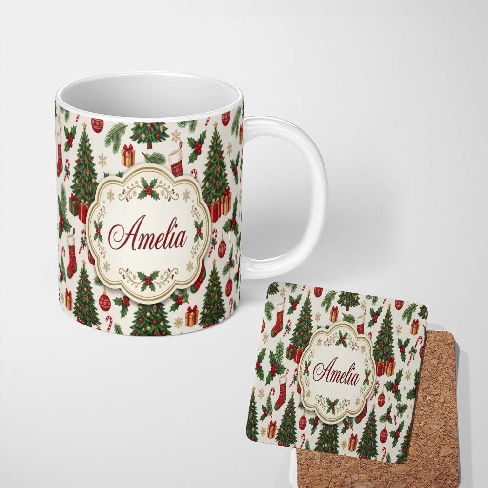 Personalized Custom Name Christmas Holly Gift Tree Bell Festive Seamless Pattern Lovely 11oz Ceramic Coffee Tea Mug White Large Handle