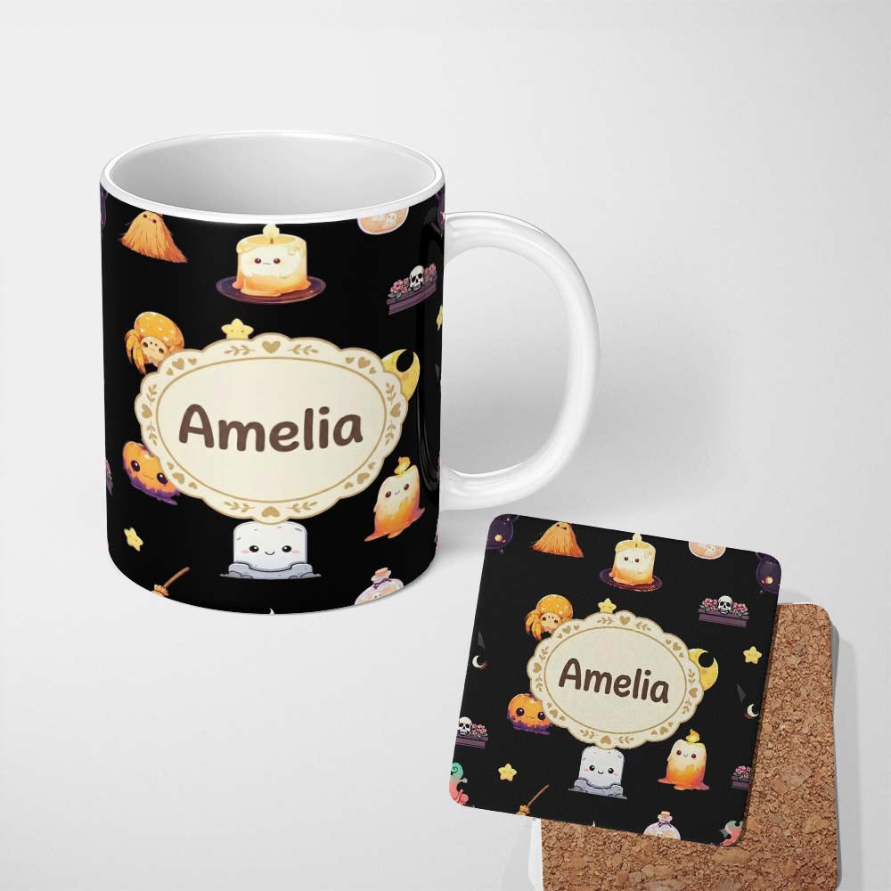 Personalized Custom Name Cute Witch Pumpkin Spider Candle Moon Halloween Pattern Light Grey 11oz Ceramic Coffee Tea Mug White Large Handle