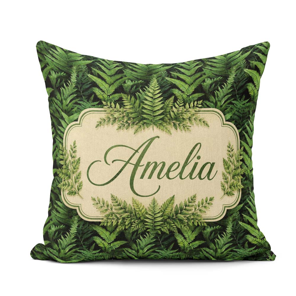 Custom Name Lush Green Fern Jungle Seamless Botanical Pattern Square Filled Cushion Throw Pillow Sofa Bed Home Decor Zip Washable UK Made