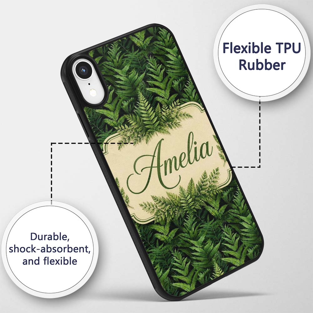 Lush Green Fern Jungle Seamless Botanical Pattern Custom Name Protective Phone Case Mobile Cover Durable Everyday Smartphone Shock Resistant