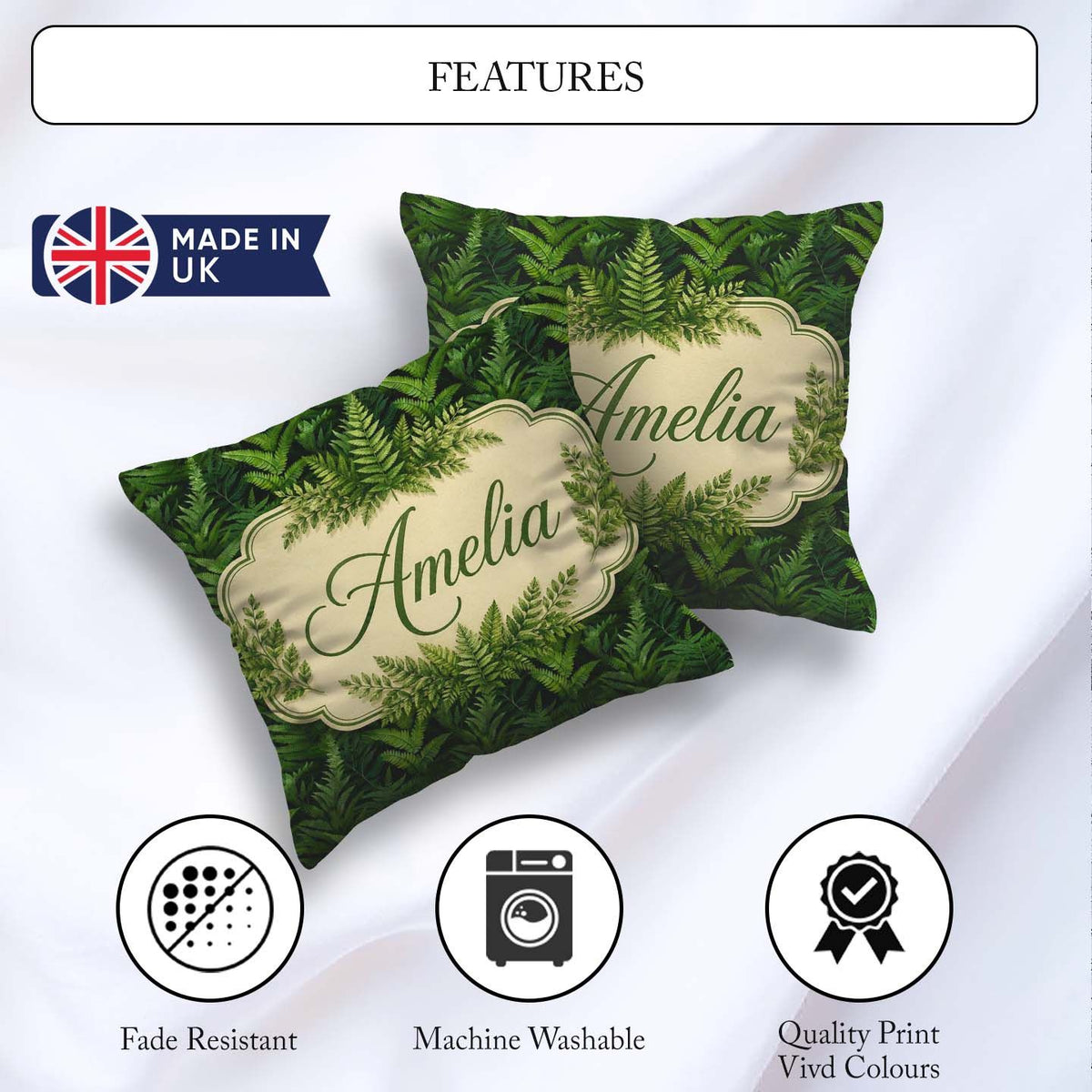 Custom Name Lush Green Fern Jungle Seamless Botanical Pattern Square Filled Cushion Throw Pillow Sofa Bed Home Decor Zip Washable UK Made