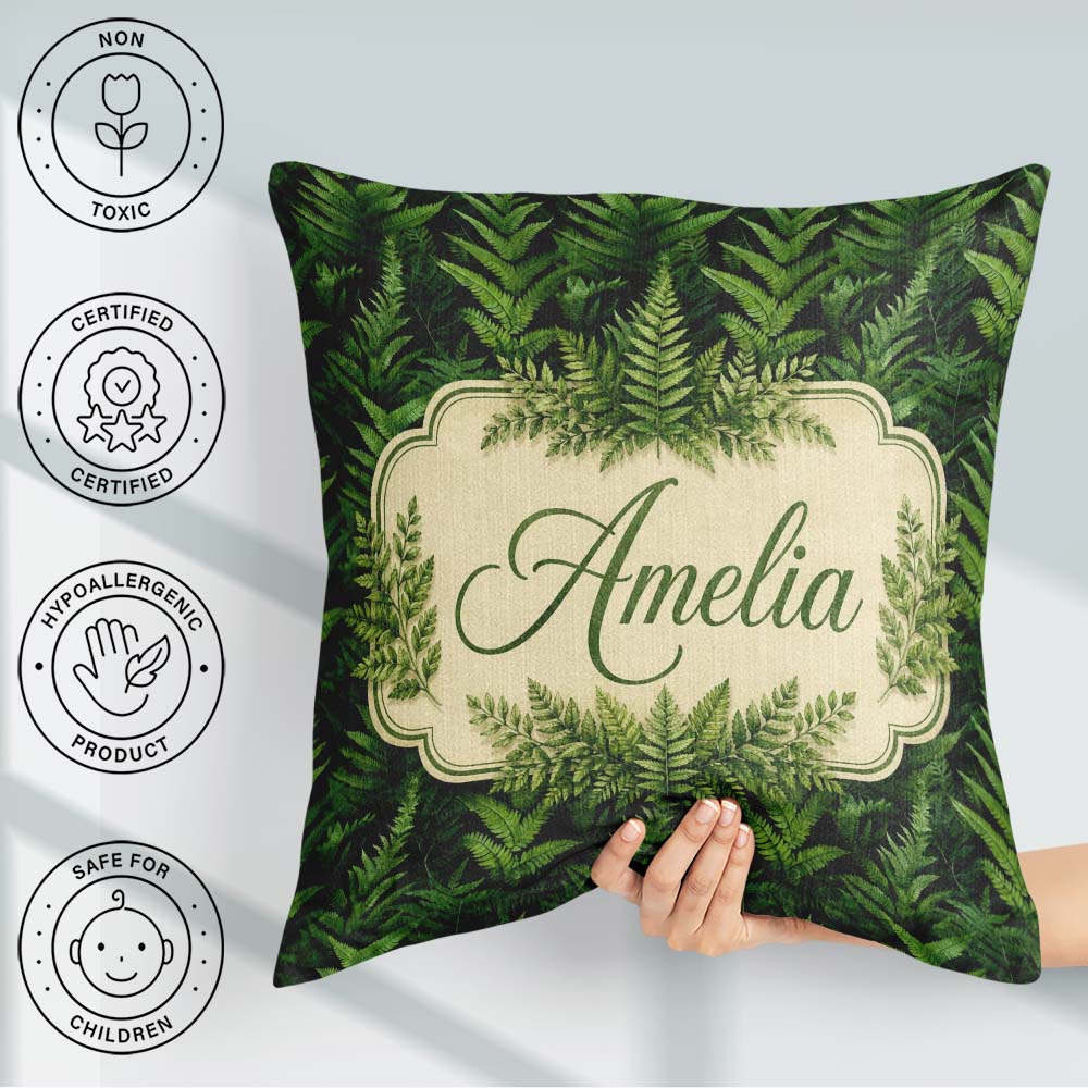 Custom Name Lush Green Fern Jungle Seamless Botanical Pattern Square Filled Cushion Throw Pillow Sofa Bed Home Decor Zip Washable UK Made