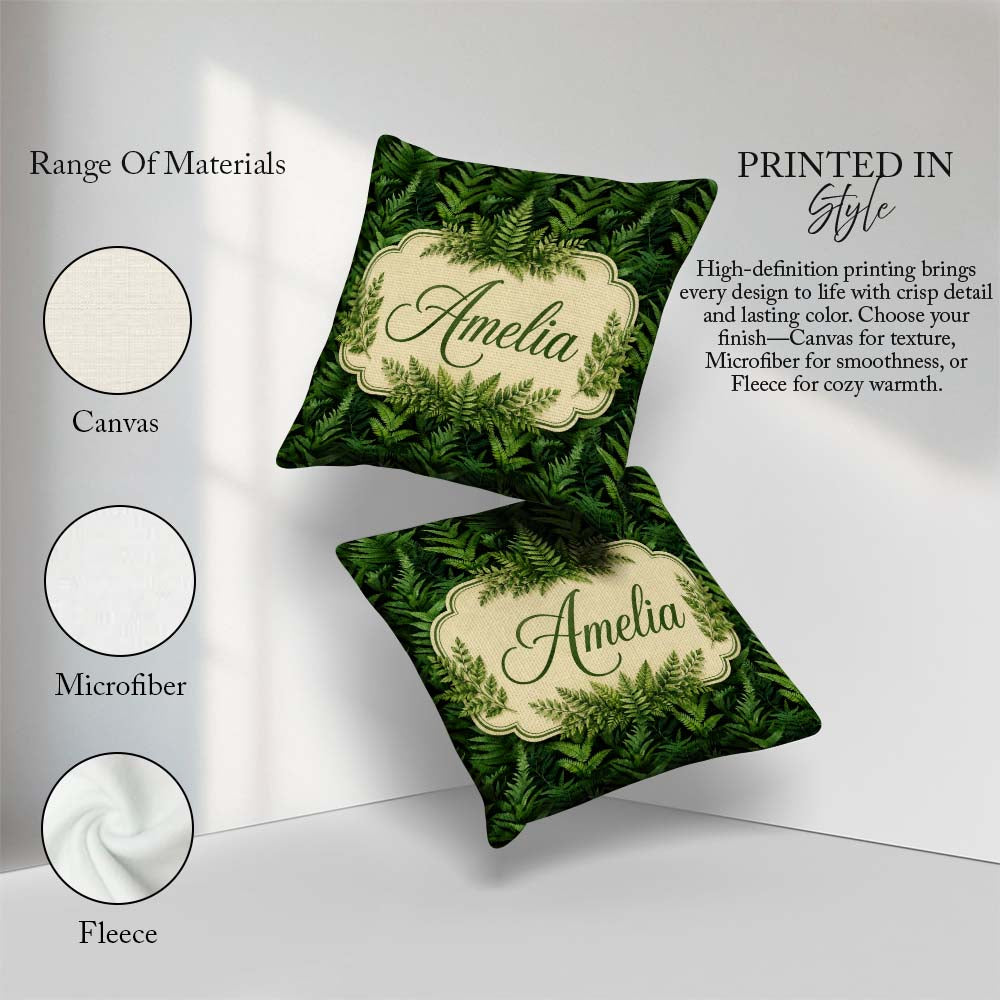 Custom Name Lush Green Fern Jungle Seamless Botanical Pattern Square Filled Cushion Throw Pillow Sofa Bed Home Decor Zip Washable UK Made