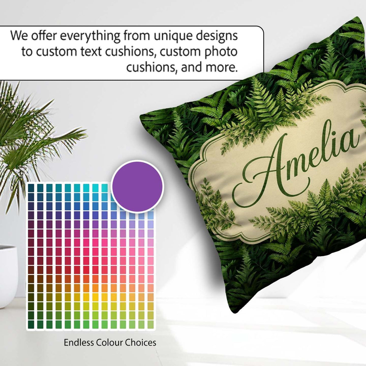 Custom Name Lush Green Fern Jungle Seamless Botanical Pattern Square Filled Cushion Throw Pillow Sofa Bed Home Decor Zip Washable UK Made