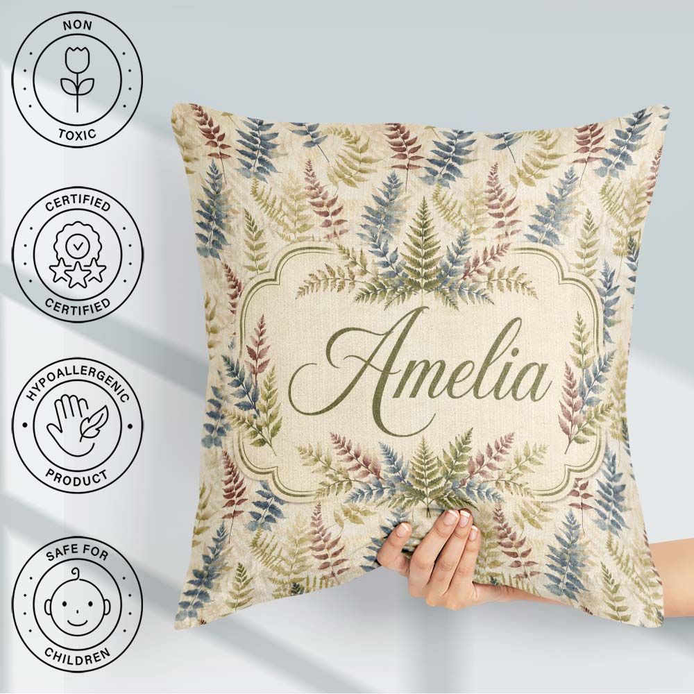 Custom Name Multicolour Fern Leaves Watercolor Botanical Pattern Square Filled Cushion Throw Pillow Sofa Bed Home Decor Zip Washable UK Made