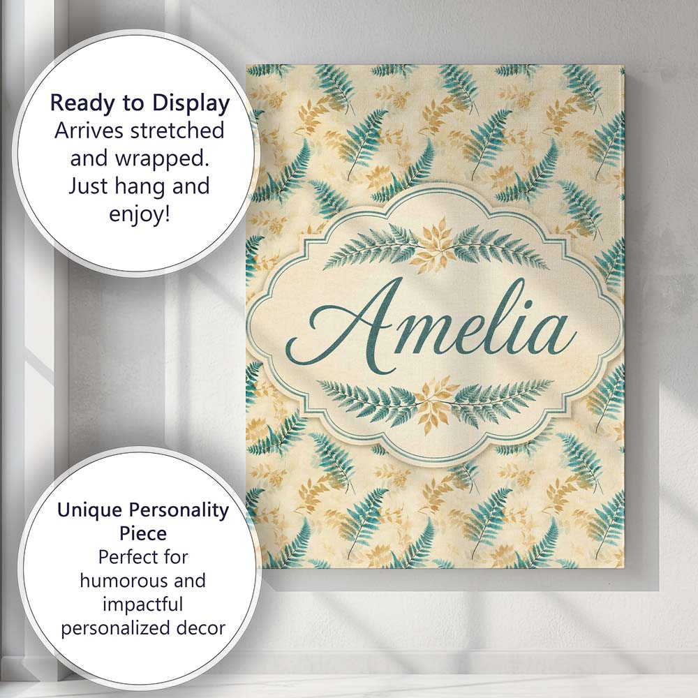 Personalised Name Teal and Mustard Fern Custom Modern Room Accent Elegant Feature Canvas Wall Art Print Decor Picture Ready to Hang