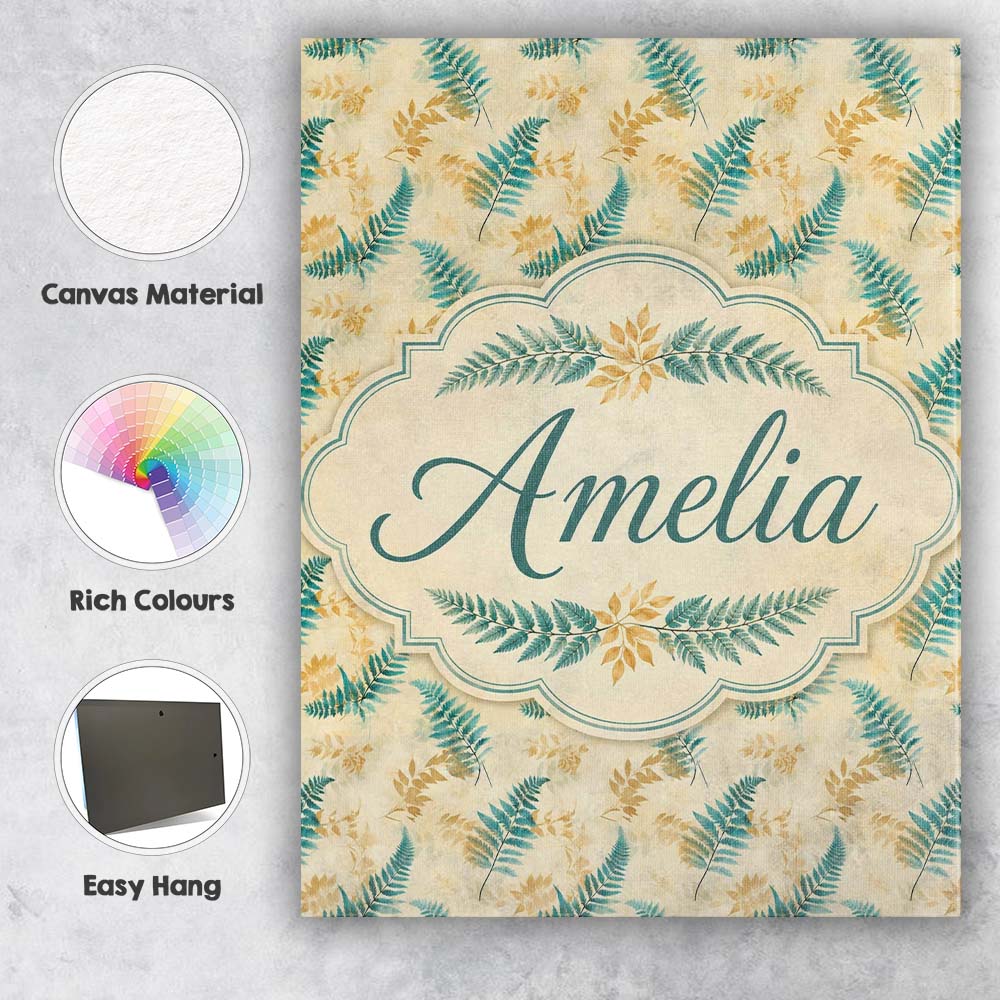 Personalised Name Teal and Mustard Fern Custom Modern Room Accent Elegant Feature Canvas Wall Art Print Decor Picture Ready to Hang