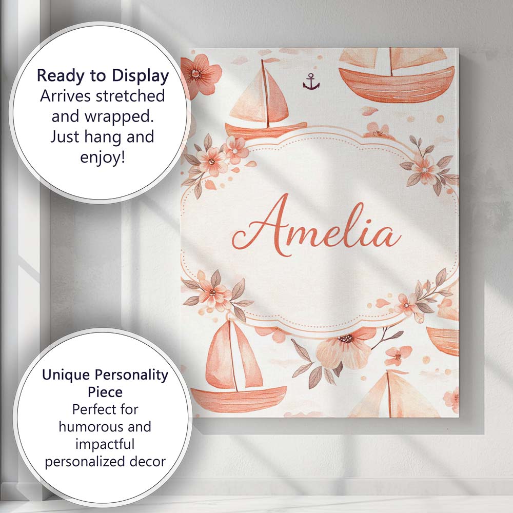 Personalised Name Nautical Sailboat Floral Coastal Pattern Seamless Custom Canvas Wall Art Print Decor Picture Ready to Hang